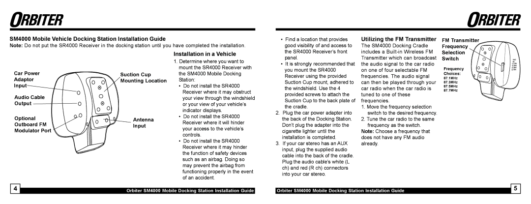 Sony SM4000 Mobile Vehicle Docking Station Installation Guide, Utilizing the FM Transmitter, Installation in a Vehicle 