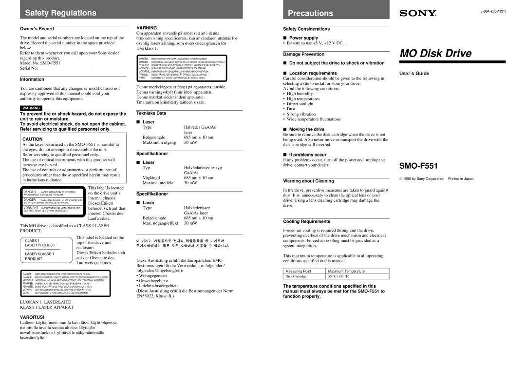 Sony SMO-F551 manual Safety Regulations, Precautions 