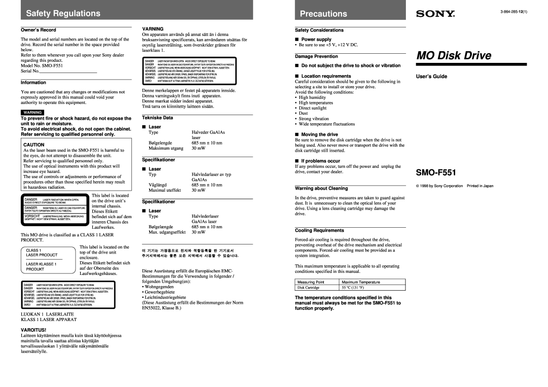 Sony SMO-F551 manual Safety Regulations, Precautions, MO Disk Drive, User’s Guide 