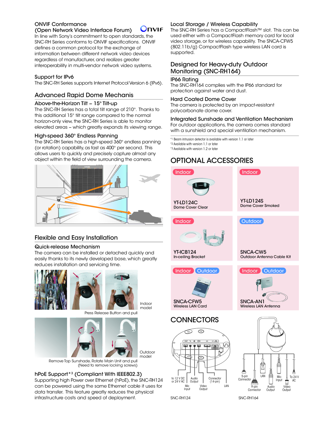 Sony SNC- RH164 manual Optional Accessories, Connectors, Advanced Rapid Dome Mechanis, Flexible and Easy Installation 