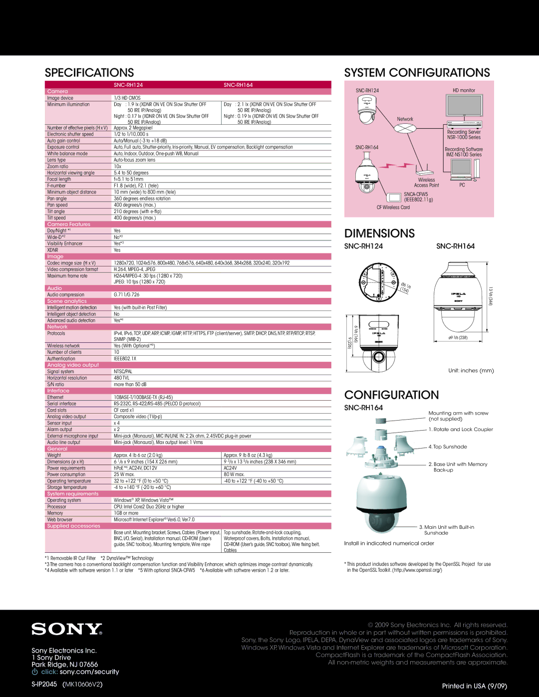 Sony SNC- RH164 manual Specifications System Configurations, Dimensions 