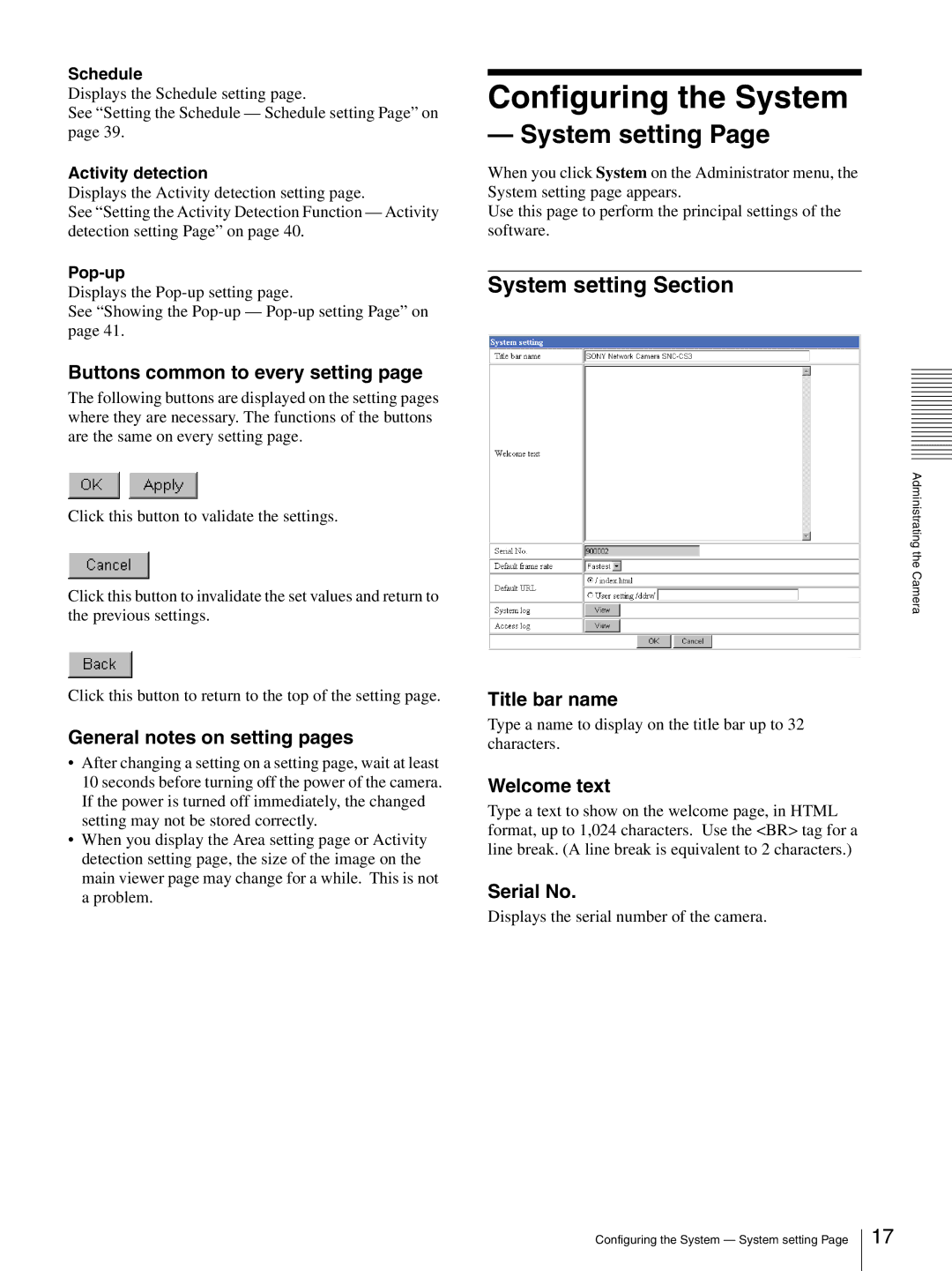 Sony SNC-CS3P, SNC-CS3N manual Configuring the System, System setting Section 