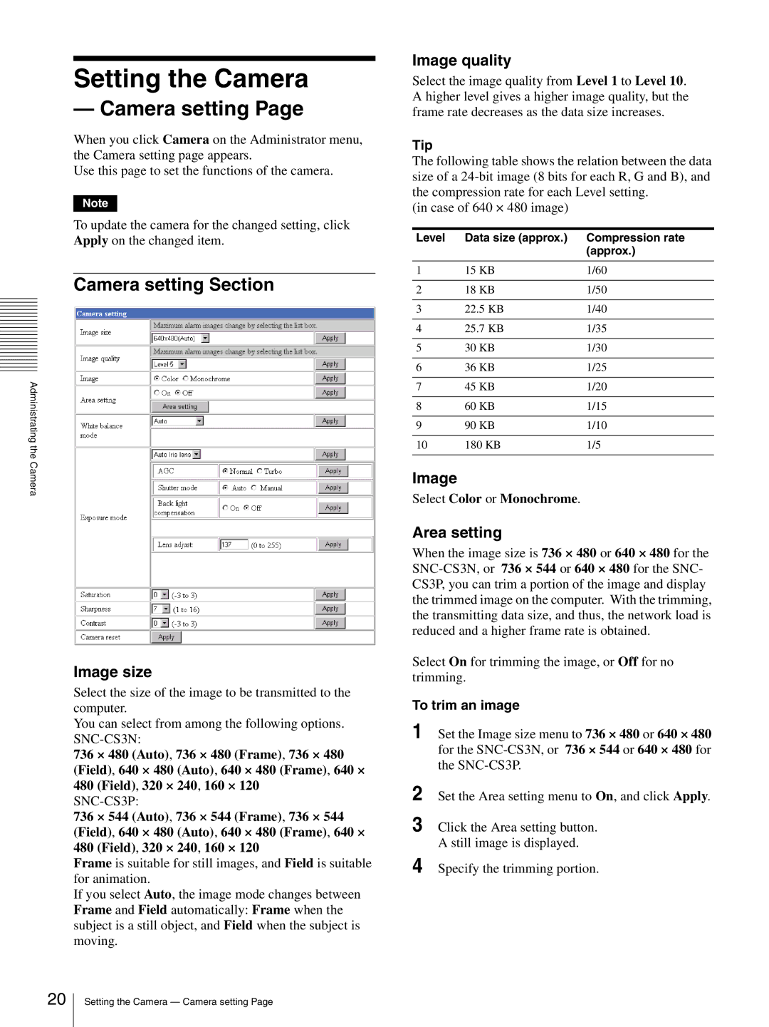 Sony SNC-CS3N, SNC-CS3P manual Setting the Camera, Camera setting Section 