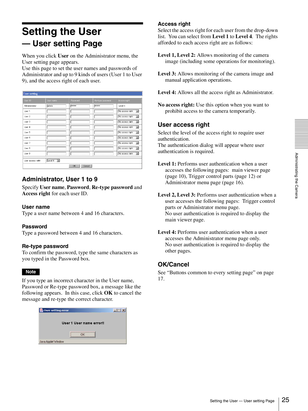 Sony SNC-CS3P, SNC-CS3N manual Setting the User, User setting, Administrator, User 1 to, User access right 