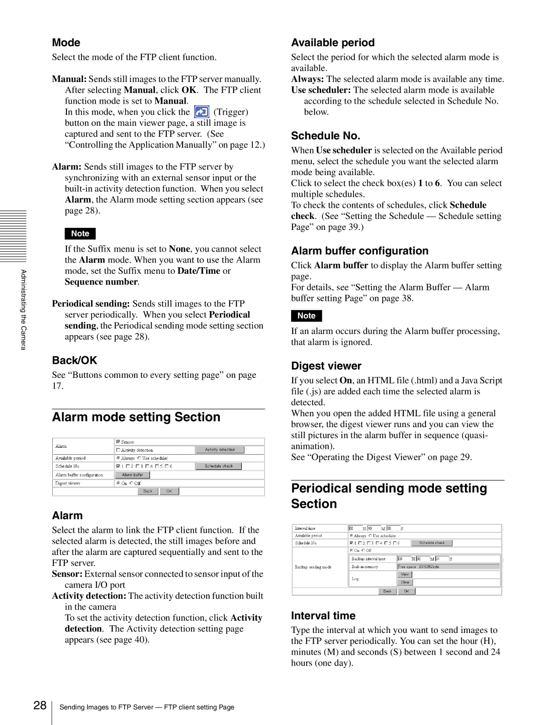 Sony SNC-CS3N, SNC-CS3P manual Alarm mode setting Section, Periodical sending mode setting Section 