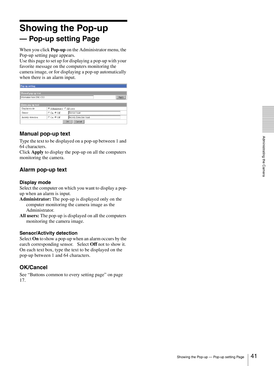 Sony SNC-CS3P, SNC-CS3N manual Showing the Pop-up, Pop-up setting, Manual pop-up text, Alarm pop-up text 