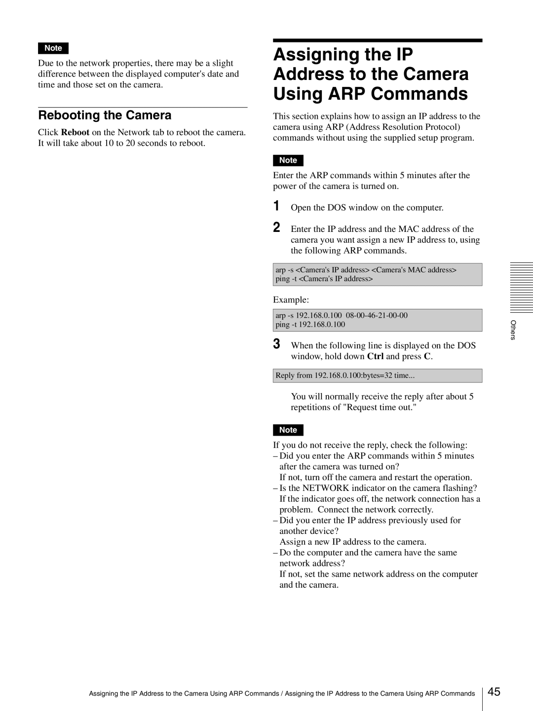 Sony SNC-CS3P, SNC-CS3N manual Assigning the IP Address to the Camera Using ARP Commands, Rebooting the Camera 