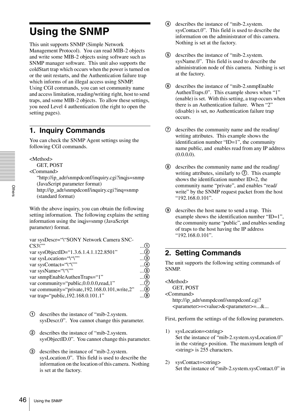 Sony SNC-CS3N, SNC-CS3P manual Using the Snmp, Inquiry Commands, Setting Commands 