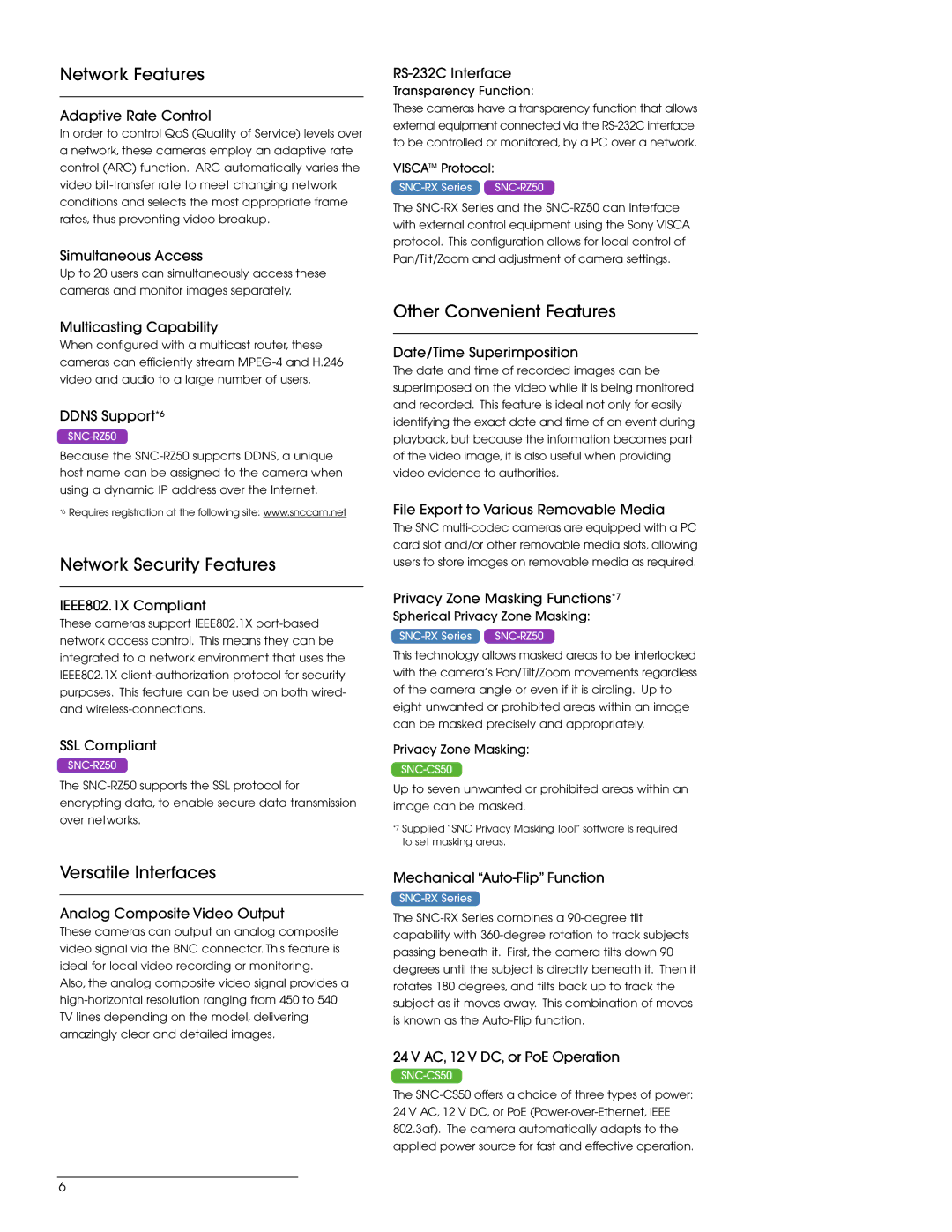 Sony SNC-CS50, SNC-RZ50 manual Network Features, Network Security Features, Other Convenient Features, Versatile Interfaces 