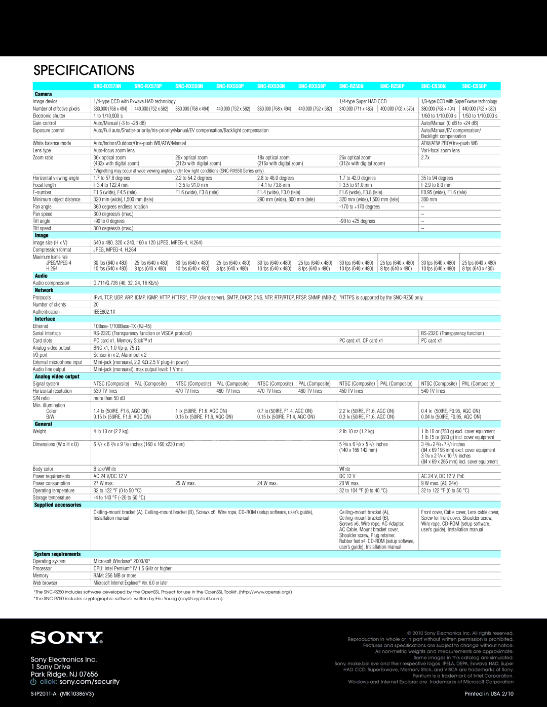 Sony SNC-CS50, SNC-RZ50 manual Specifications, Camera 