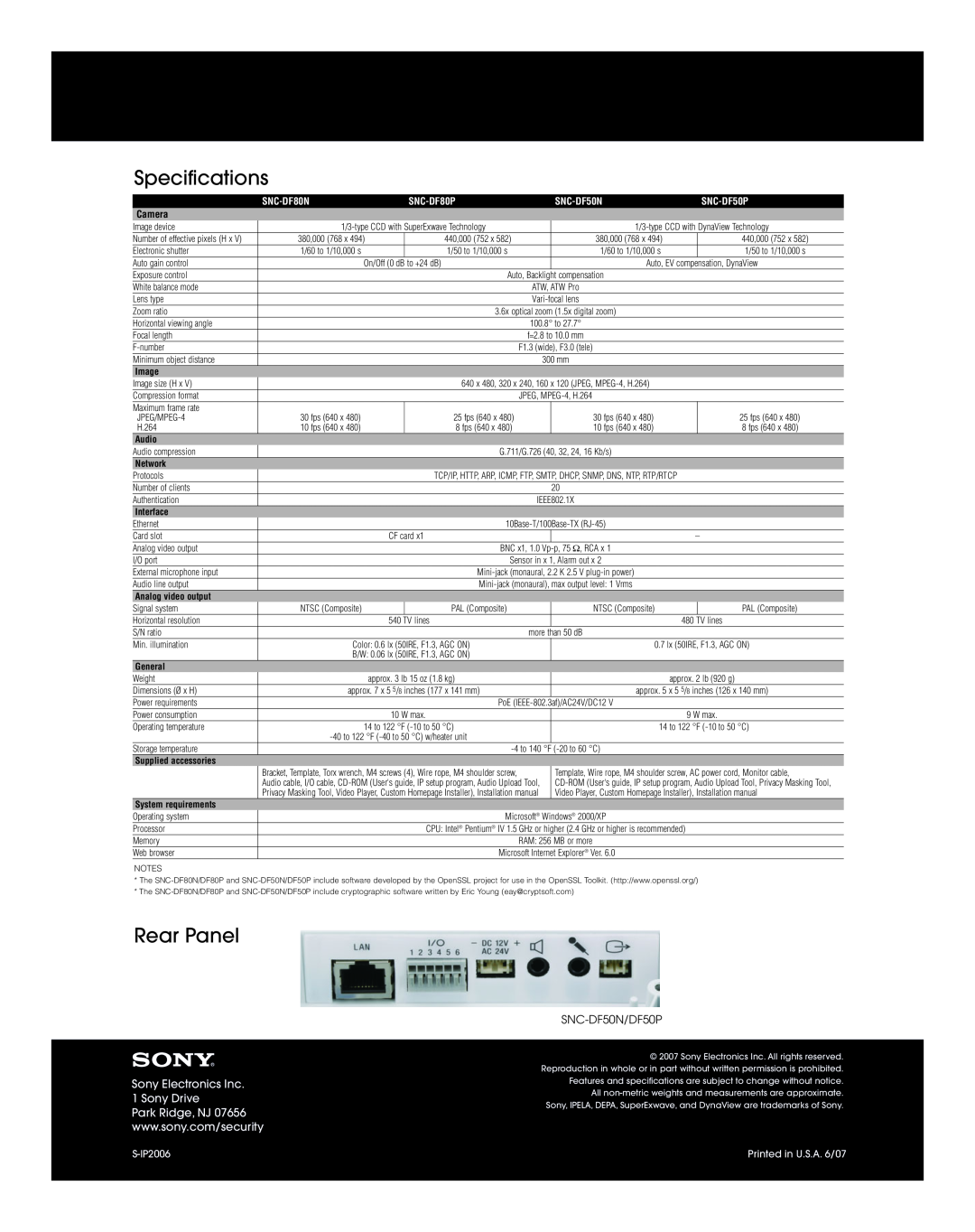 Sony Specifications, Rear Panel, Sony Electronics Inc 1 Sony Drive, SNC-DF50N/DF50P, SNC-DF80N, SNC-DF80P, SNC-DF50P 