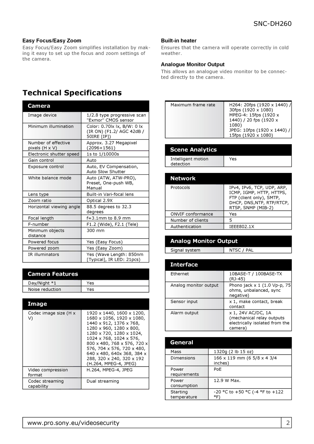 Sony SNC-DH260, SNCDH260 Camera Features, Image, Scene Analytics, Network, Analog Monitor Output, Interface, General 