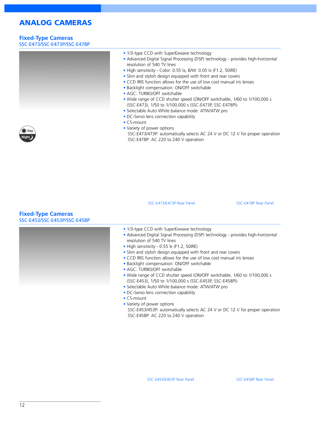 Sony SNC-RX570N manual Analog Cameras, Fixed-Type Cameras, SSC-E473/SSC-E473P/SSC-E478P, SSC-E453/SSC-E453P/SSC-E458P 