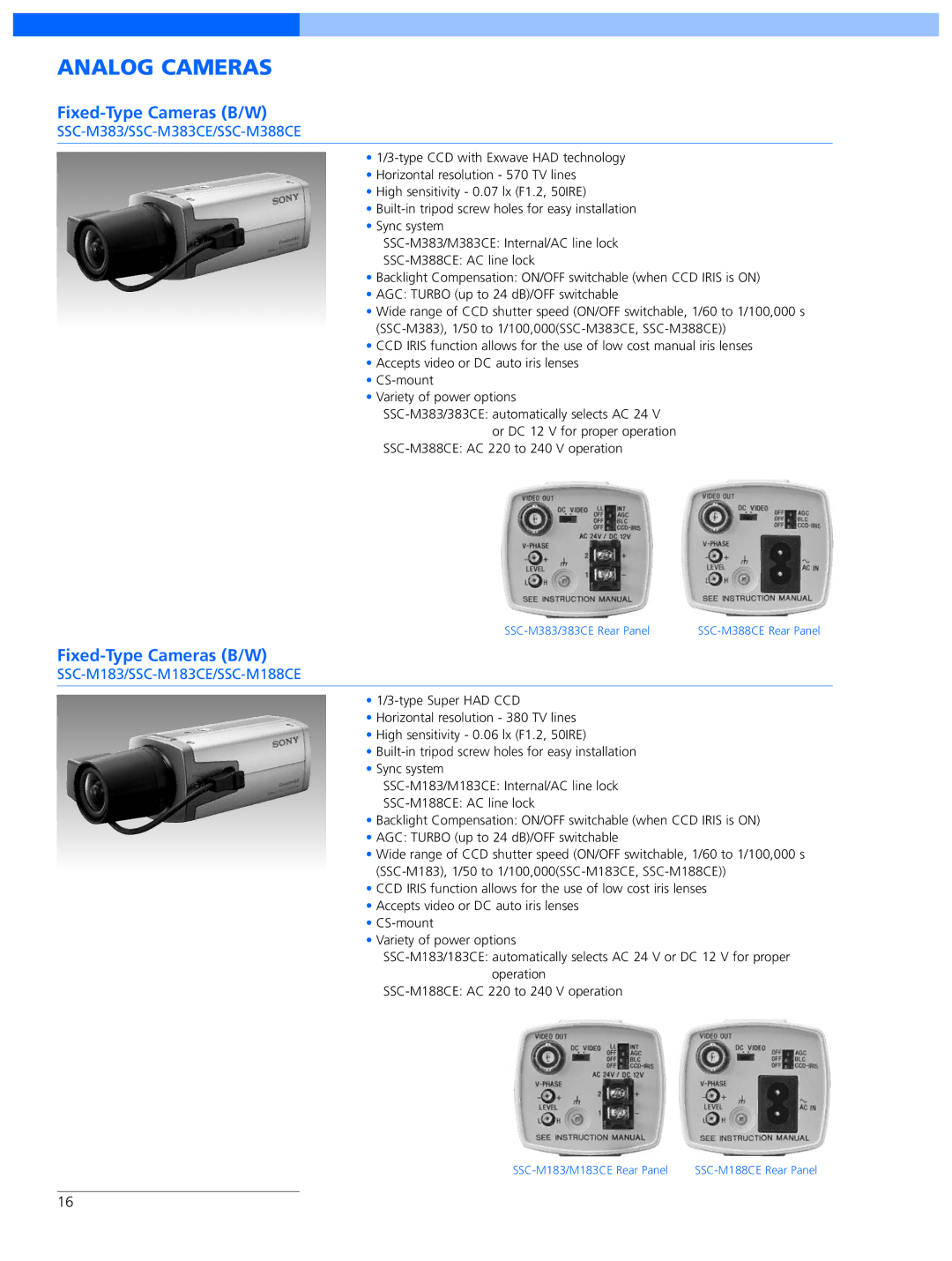 Sony SNC-RX570N manual Fixed-Type Cameras B/W, SSC-M383/SSC-M383CE/SSC-M388CE, SSC-M183/SSC-M183CE/SSC-M188CE 