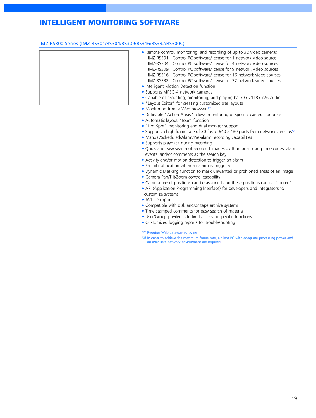 Sony SNC-RX570N manual Intelligent Monitoring Software, IMZ-RS300 Series IMZ-RS301/RS304/RS309/RS316/RS332/RS300C 