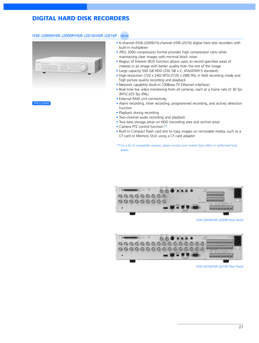 Sony SNC-RX570N manual Digital Hard Disk Recorders, HSR-J2009/HSR-J2009P/HSR-J2016/HSR-J2016P NEW 