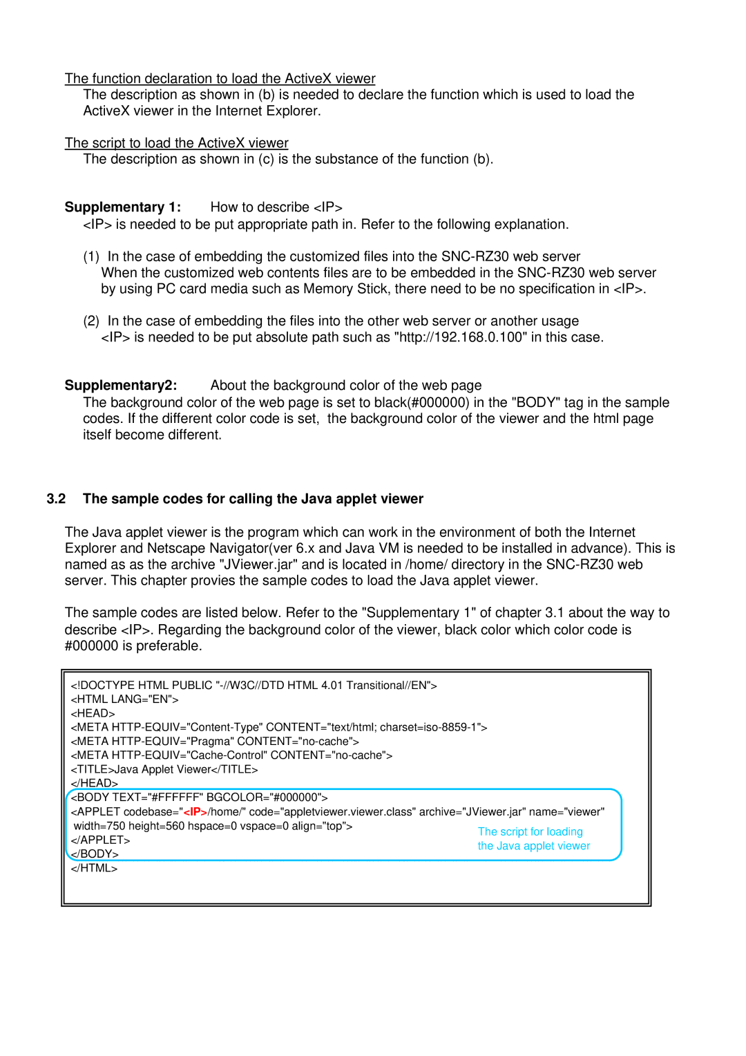 Sony SNC-RZ30 manual Sample codes for calling the Java applet viewer, Head Body TEXT=#FFFFFF BGCOLOR=#000000, Applet 