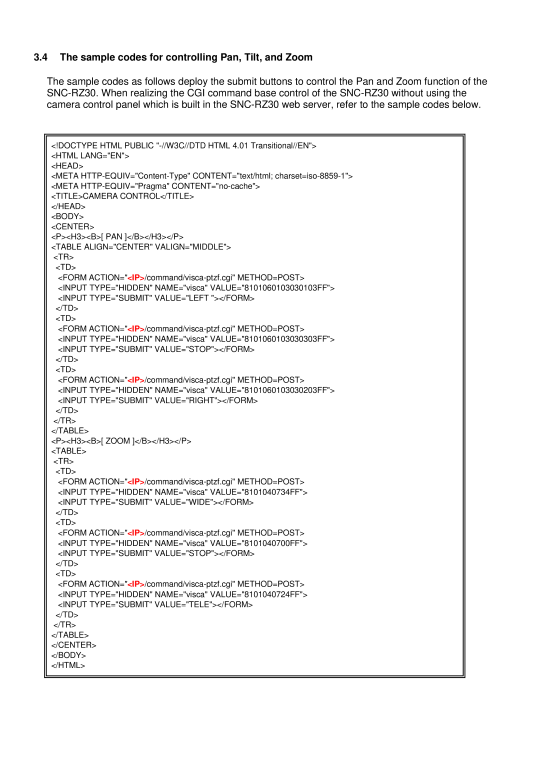 Sony SNC-RZ30 manual Sample codes for controlling Pan, Tilt, and Zoom, Titlecamera CONTROL/TITLE /HEAD Body Center 