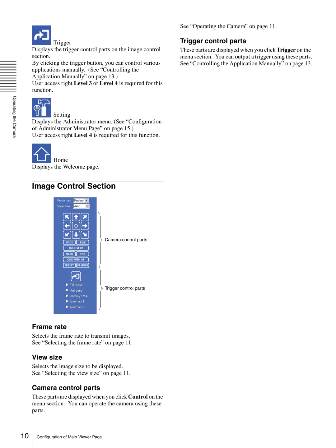 Sony SNC-RZ30N manual Image Control Section, Trigger control parts, Frame rate, View size, Camera control parts 