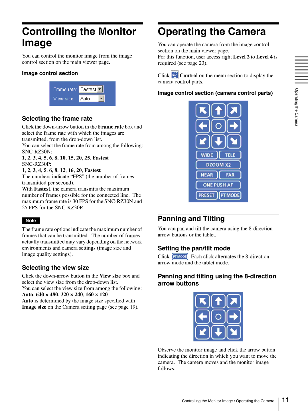 Sony SNC-RZ30N manual Controlling the Monitor Image, Operating the Camera, Panning and Tilting 
