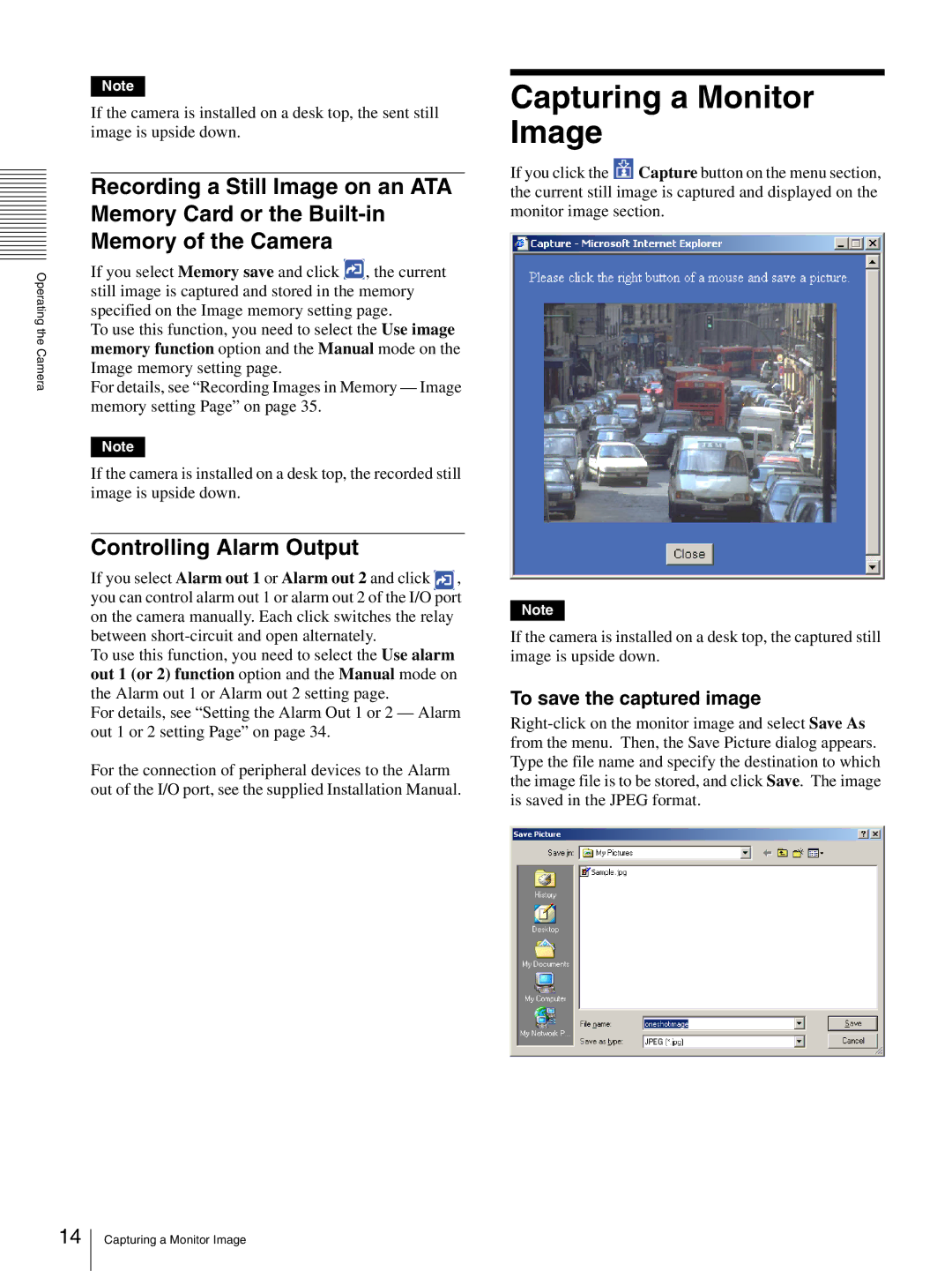 Sony SNC-RZ30N manual Capturing a Monitor Image, Controlling Alarm Output, To save the captured image 