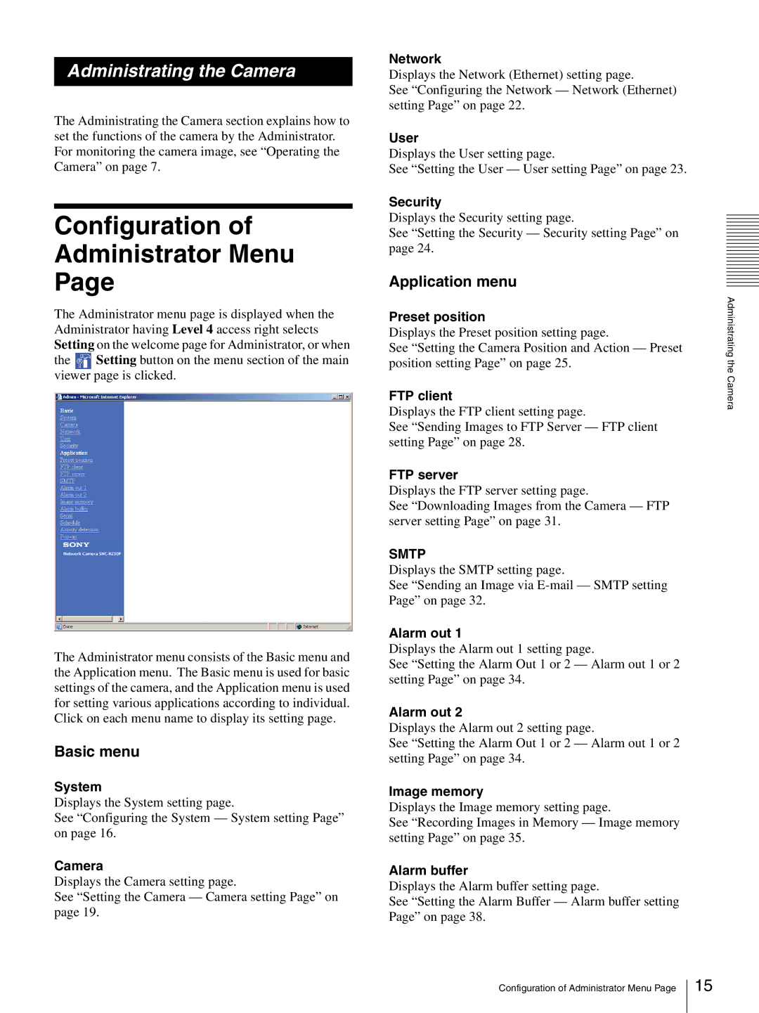 Sony SNC-RZ30N manual Configuration Administrator Menu, Basic menu, Application menu 