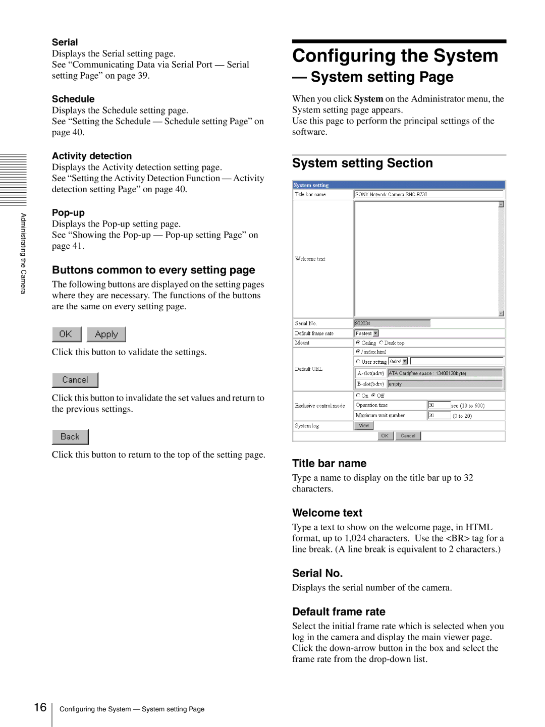 Sony SNC-RZ30N manual Configuring the System, System setting Section 