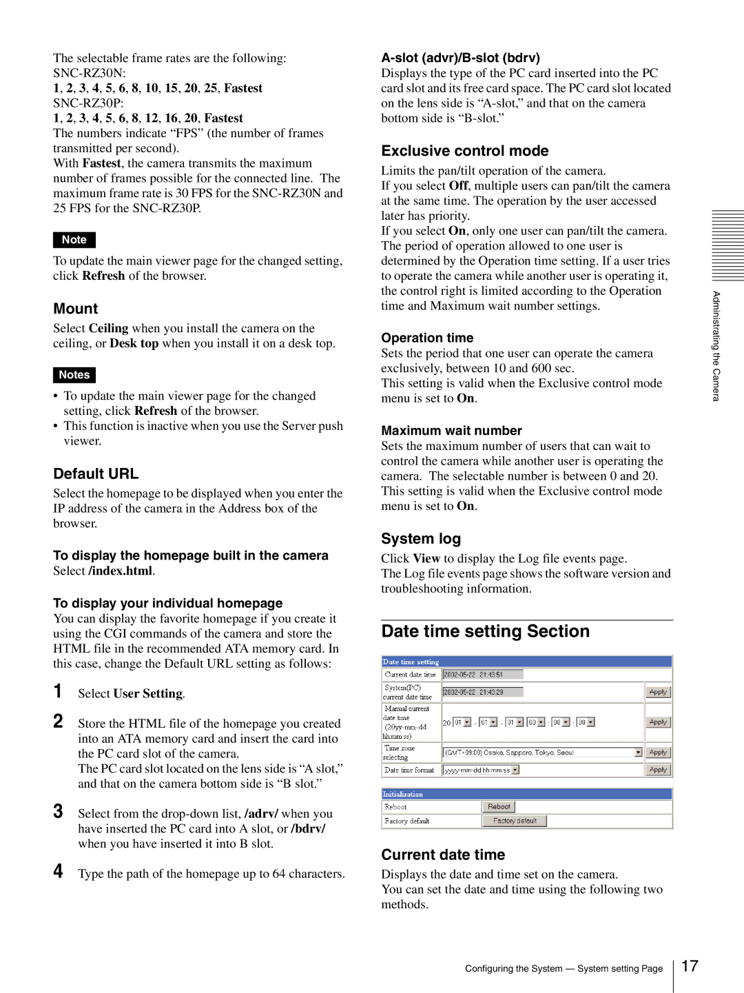 Sony SNC-RZ30N manual Date time setting Section 