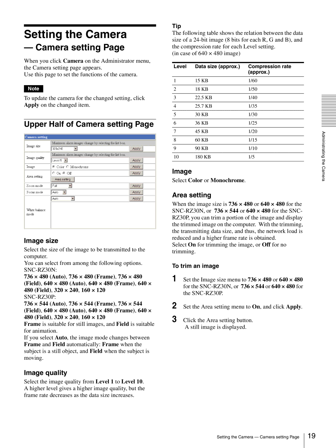 Sony SNC-RZ30N manual Setting the Camera, Upper Half of Camera setting 