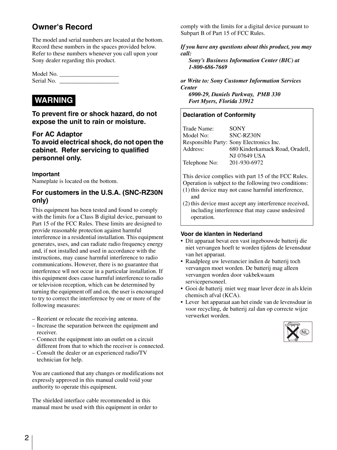 Sony Owners Record, For customers in the U.S.A. SNC-RZ30N only, Declaration of Conformity, Voor de klanten in Nederland 