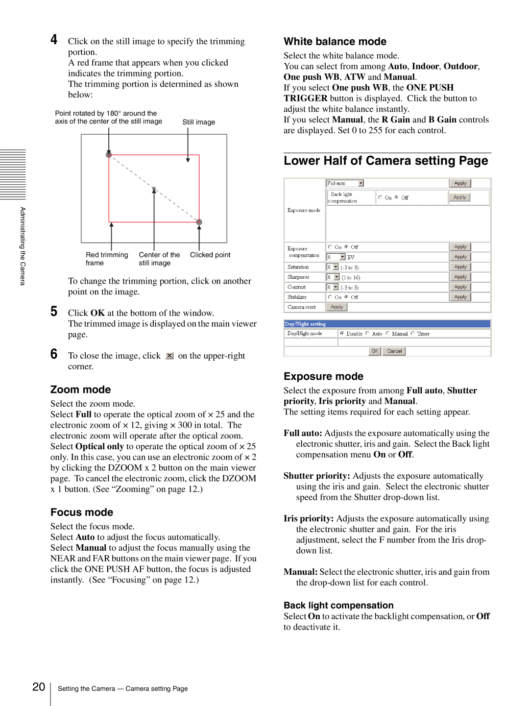 Sony SNC-RZ30N manual Lower Half of Camera setting, White balance mode, Zoom mode, Focus mode, Exposure mode 