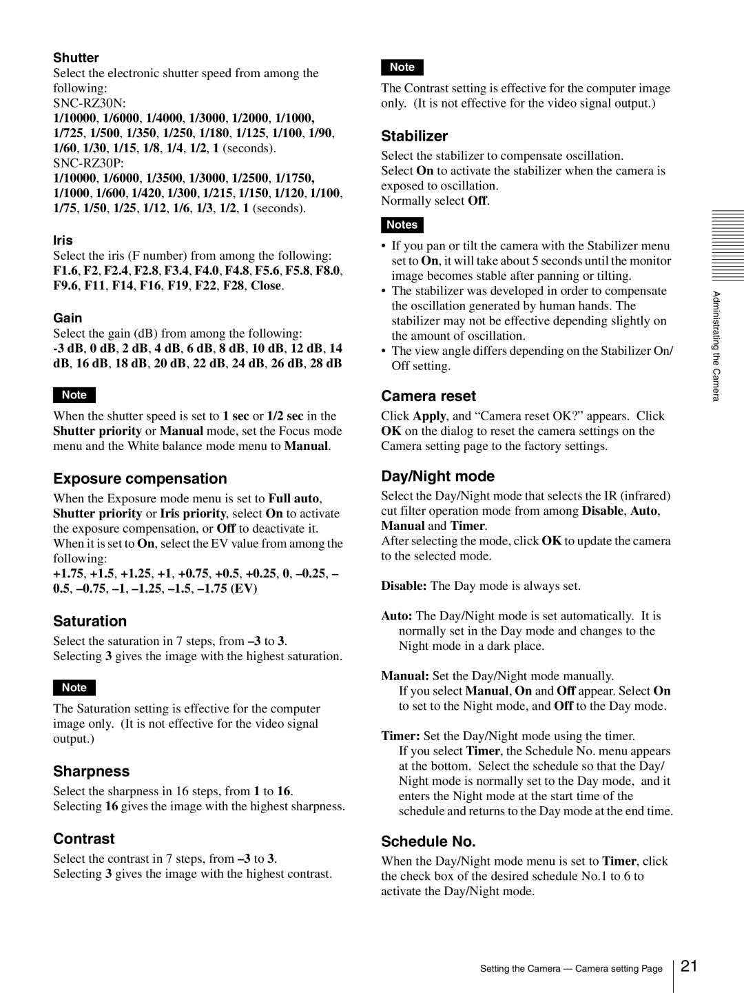 Sony SNC-RZ30N manual Exposure compensation, Saturation, Sharpness, Contrast, Stabilizer, Camera reset, Day/Night mode 