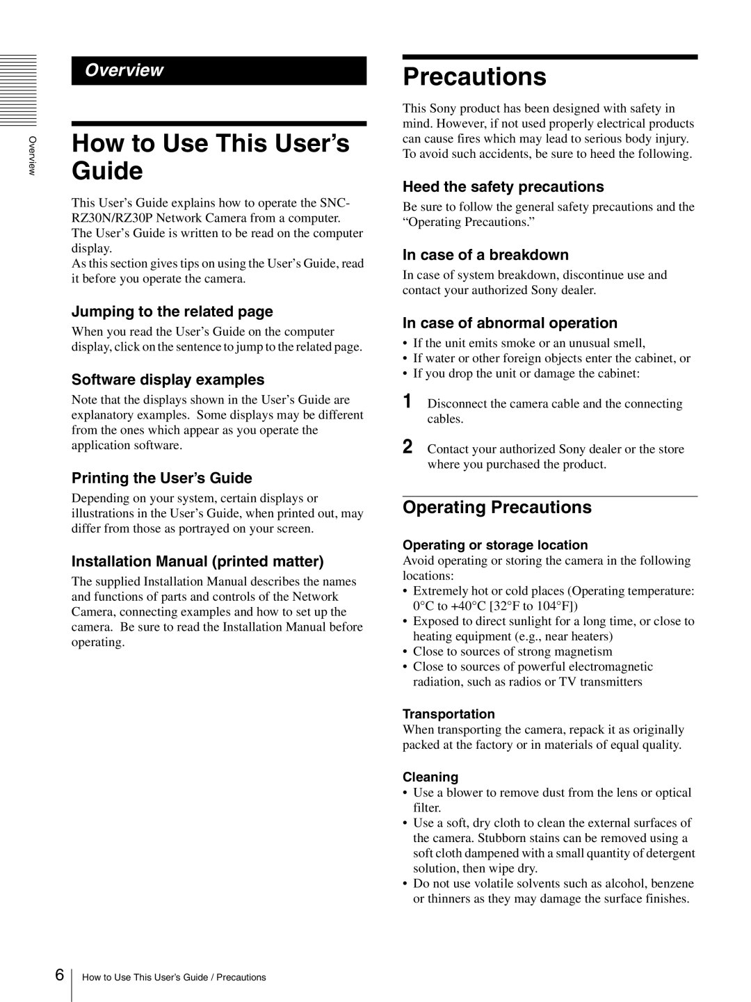 Sony SNC-RZ30N manual How to Use This User’s Guide, Operating Precautions 