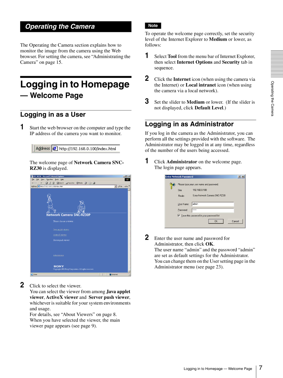 Sony SNC-RZ30N manual Logging in to Homepage, Welcome, Logging in as a User, Logging in as Administrator 