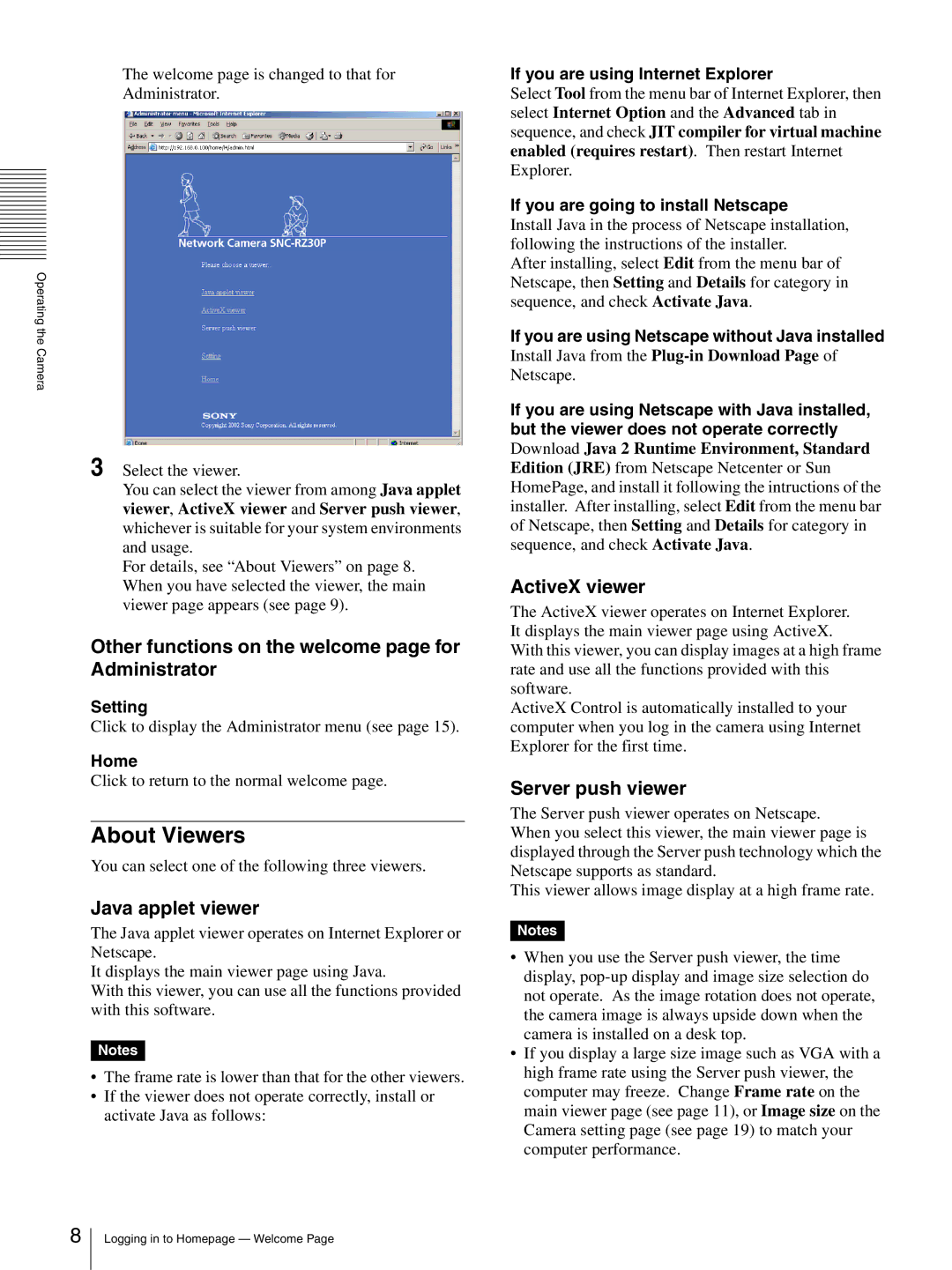 Sony SNC-RZ30N About Viewers, Other functions on the welcome page for Administrator, Java applet viewer, ActiveX viewer 