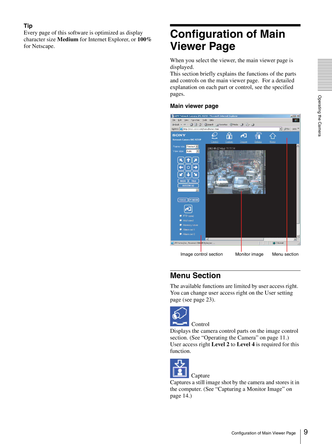 Sony SNC-RZ30N manual Configuration of Main Viewer, Menu Section, Tip, Main viewer 