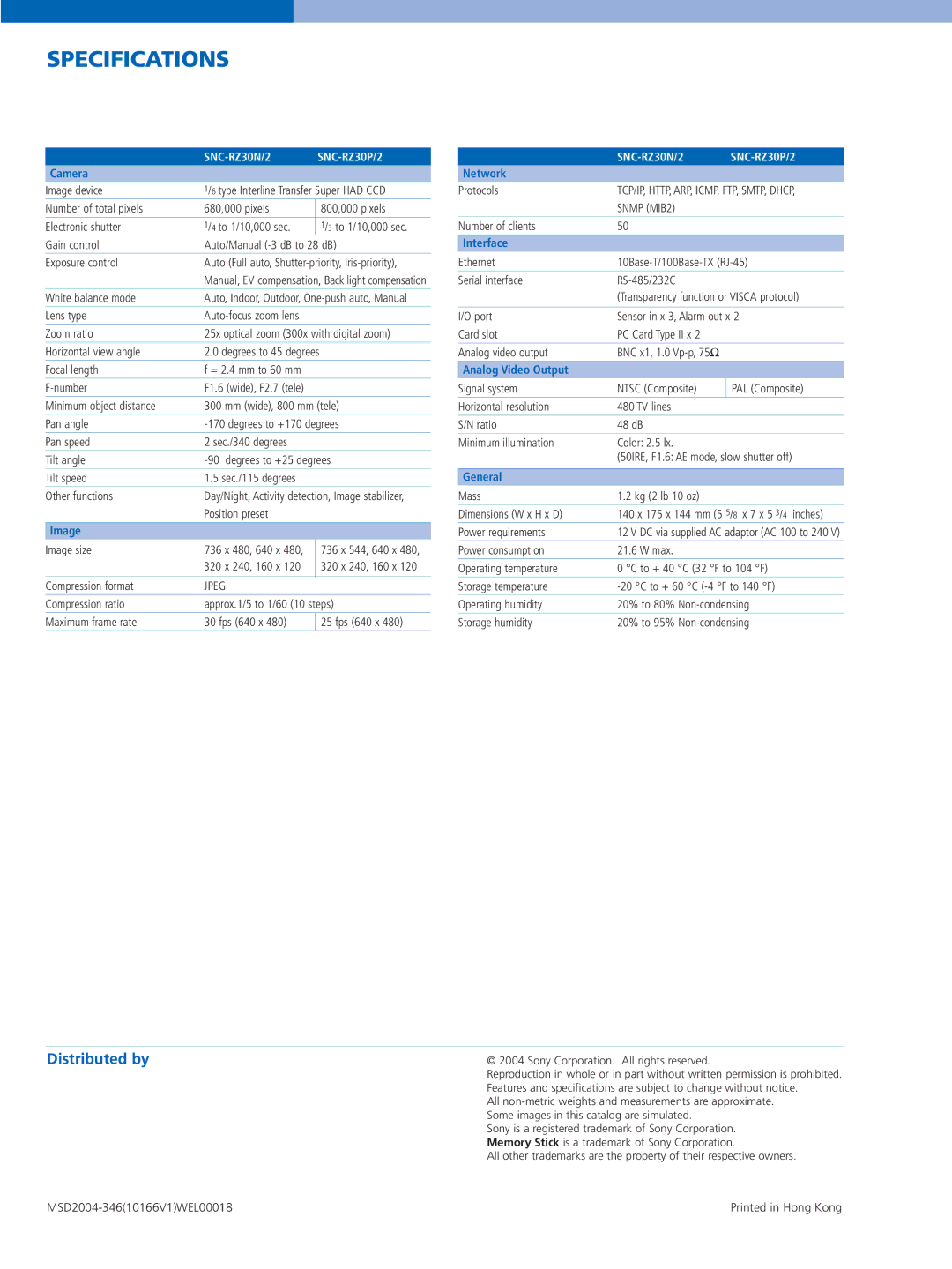 Sony SNC-RZ30P/2, SNC-RZ30N/2 manual Specifications, Distributed by 