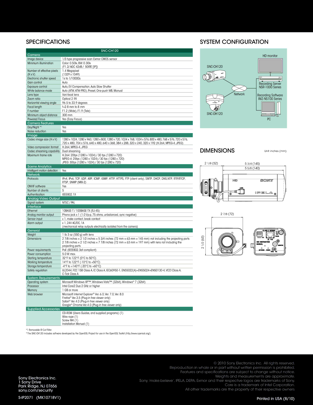 Sony SNCCH120 manual Camera Features, Image, Scene Analytics, Network, Analog Video Output, Interface, General 