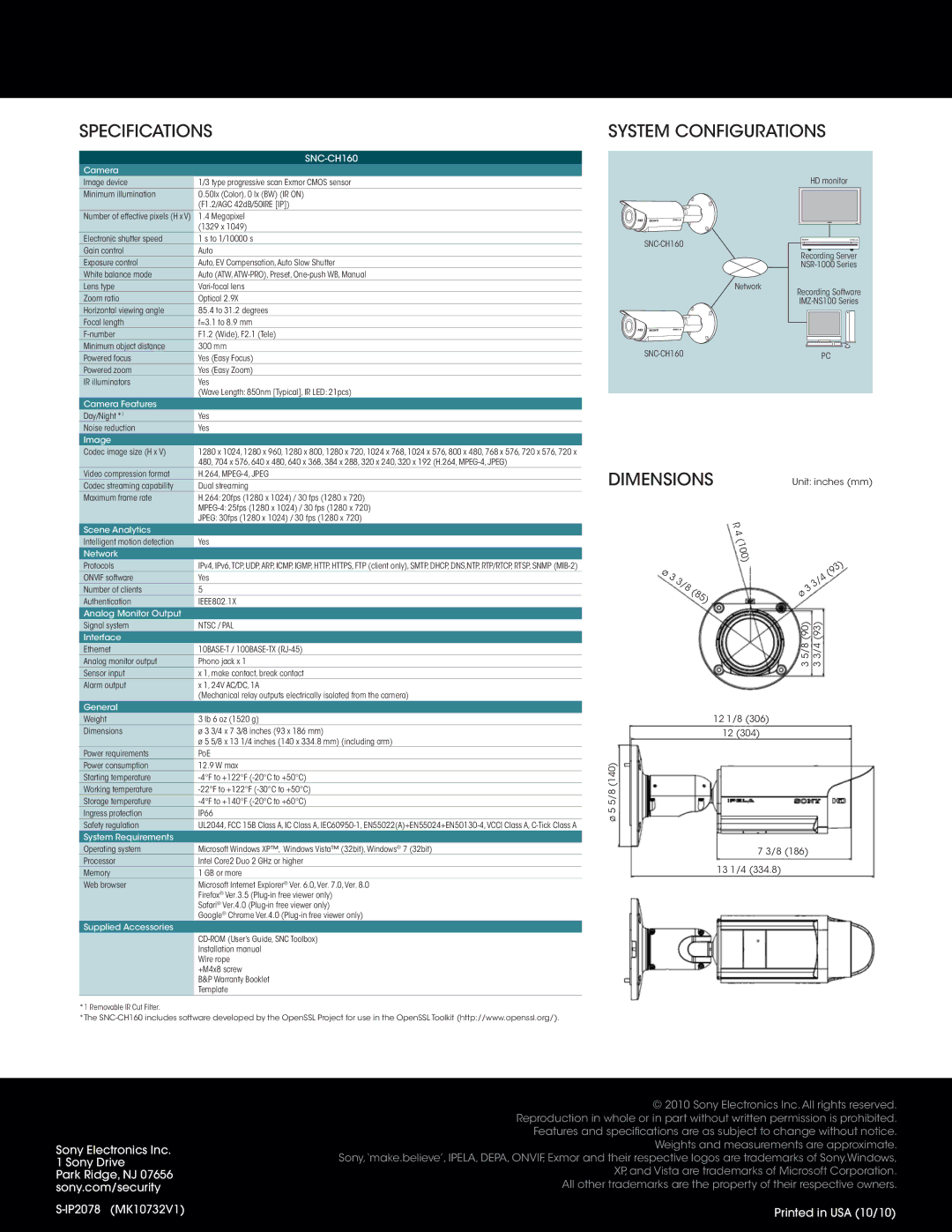 Sony SNCCH160 manual Specifications System Configurations, Dimensions 