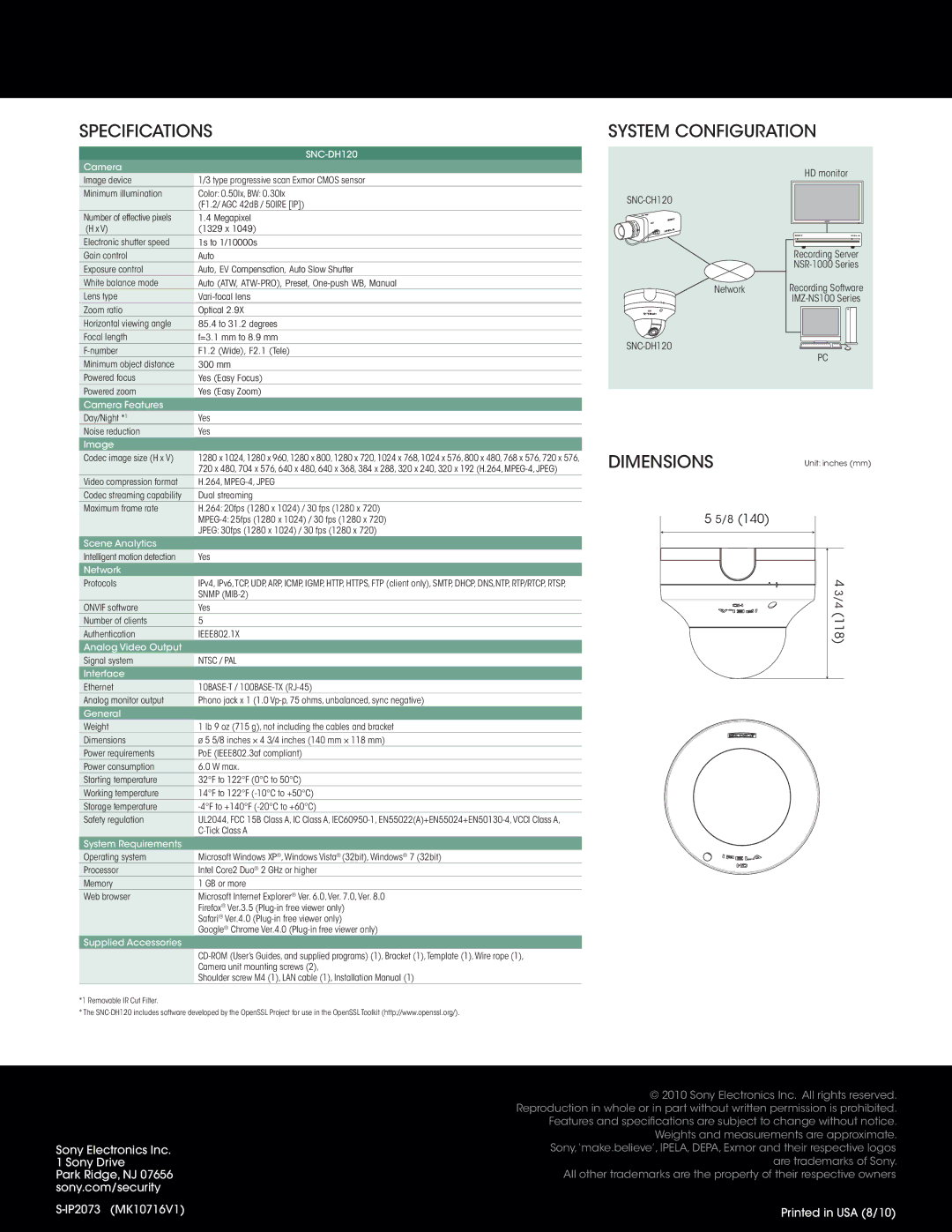 Sony SNCDH120 manual Specifications System Configuration, Dimensions, Snmp MIB-2, Ntsc / PAL 