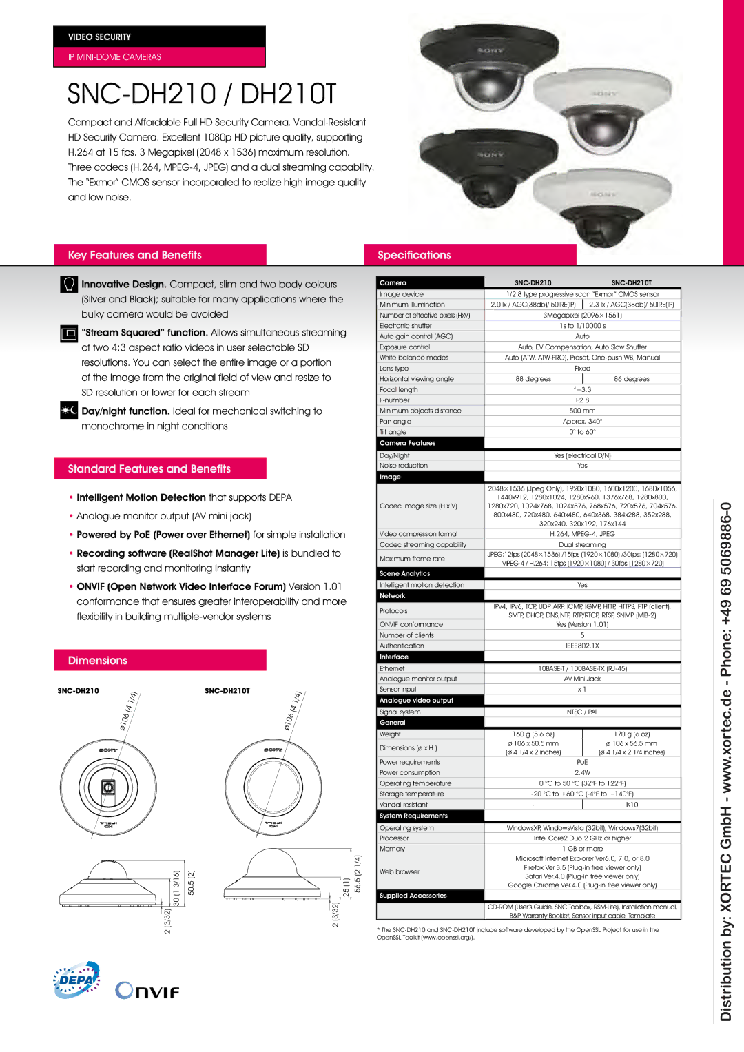 Sony SNCDH210TB dimensions Key Features and Beneﬁts Speciﬁcations, Standard Features and Beneﬁts, Dimensions 