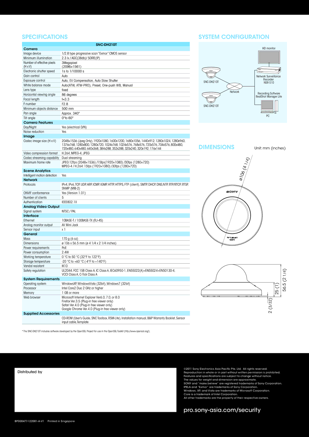 Sony SNCDH210TW manual Specifications, System Configuration, Dimensions 