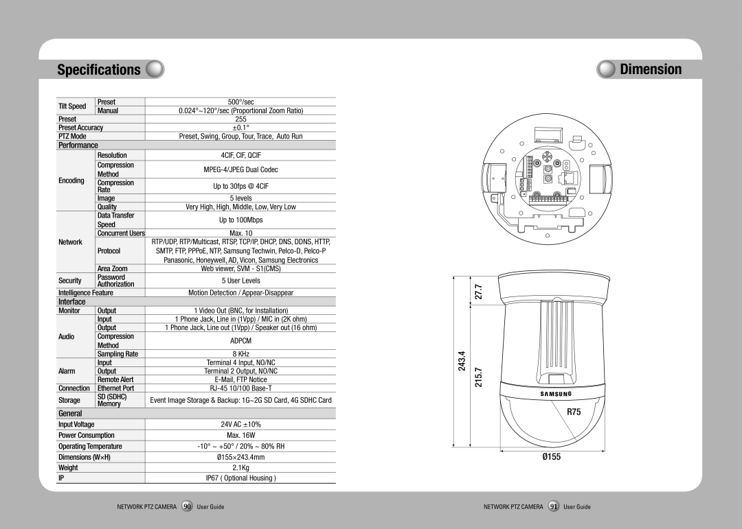 Sony SNP-3350 manual Specifications, Dimension, 27.7 243.4 215.7 R75 Ø155 