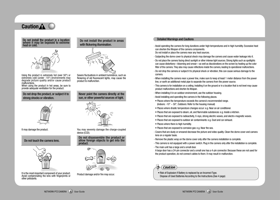 Sony SNP-3350 manual Do not touch the camera lens, Detailed Warnings and Cautions, Product damage and/or fire may occur 