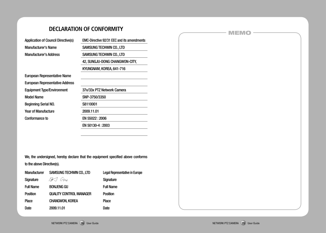 Sony SNP-3350 manual Signature Full Name, Position, Place, Date 2009.11.01 