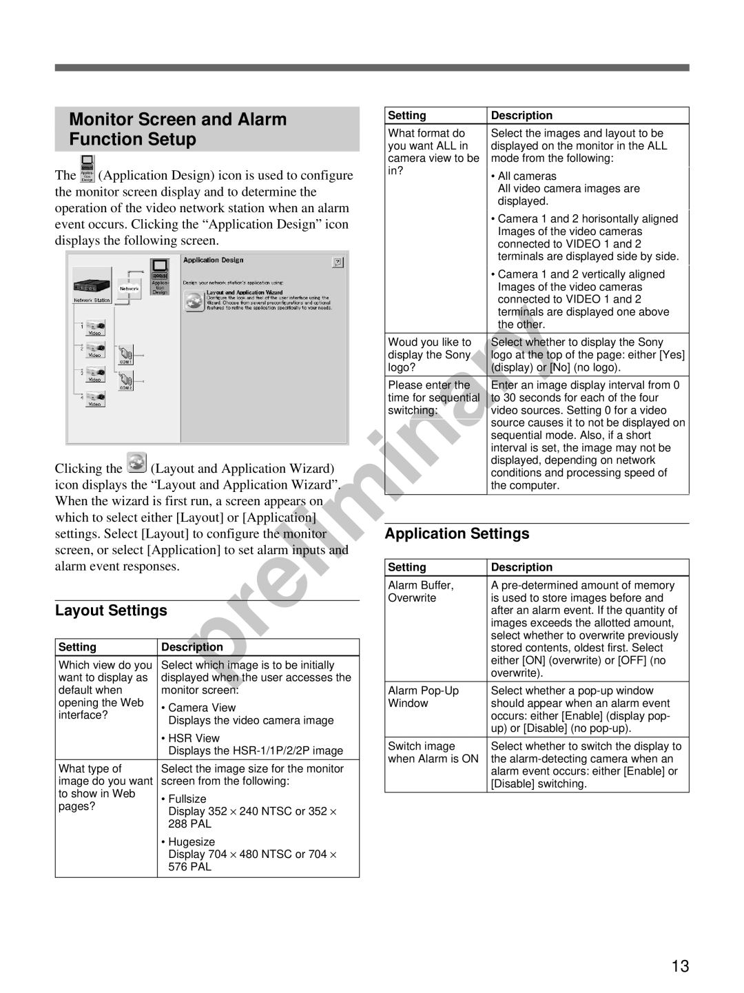 Sony snt-v manual Monitor Screen and Alarm Function Setup, Layout Settings, Application Settings, Setting Description 