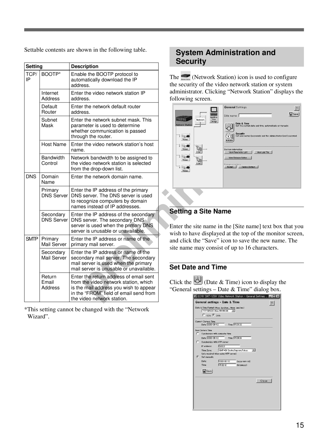 Sony snt-v manual System Administration Security, Setting a Site Name, Set Date and Time 