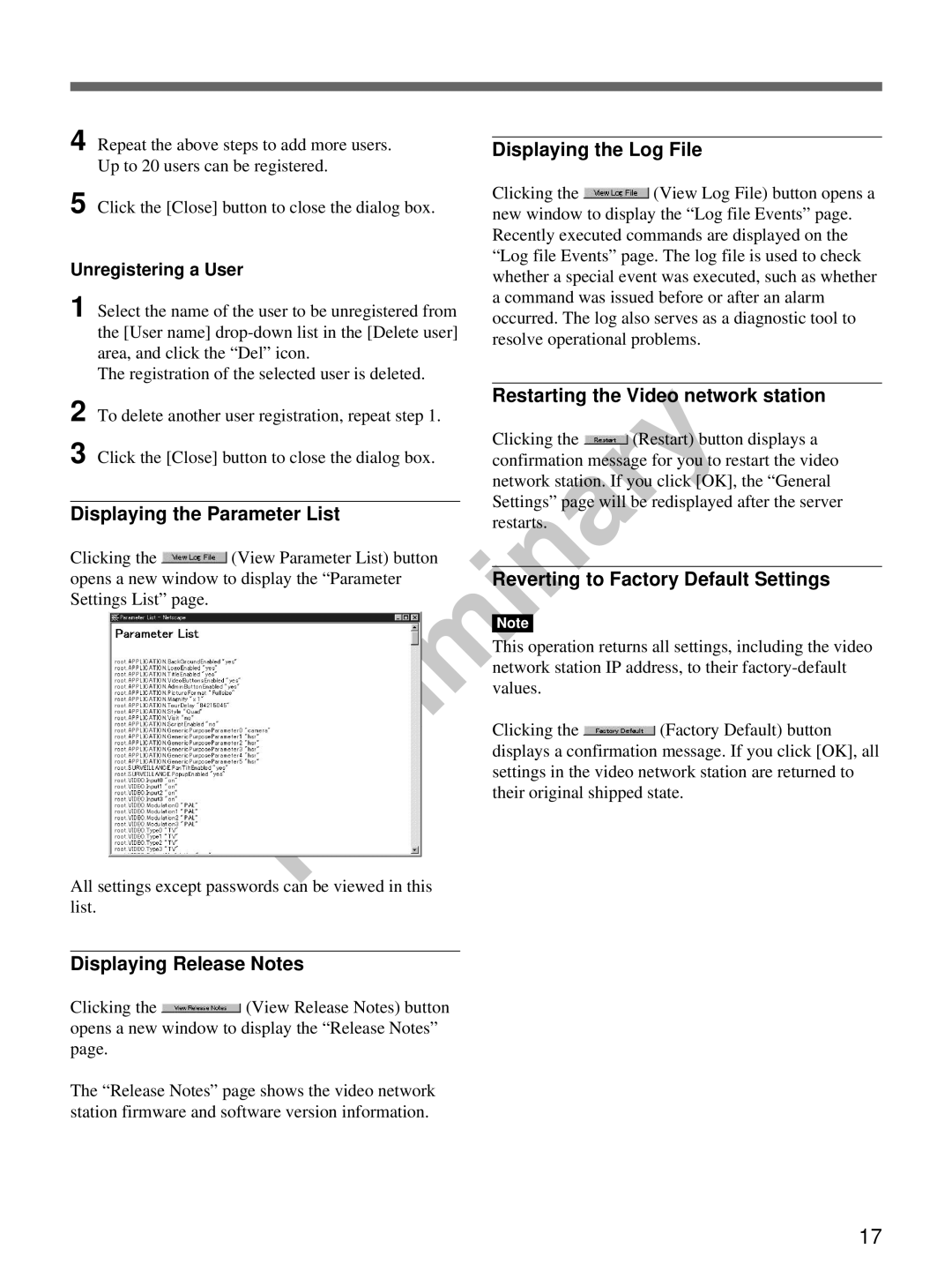 Sony snt-v manual Displaying the Parameter List, Displaying Release Notes, Displaying the Log File 