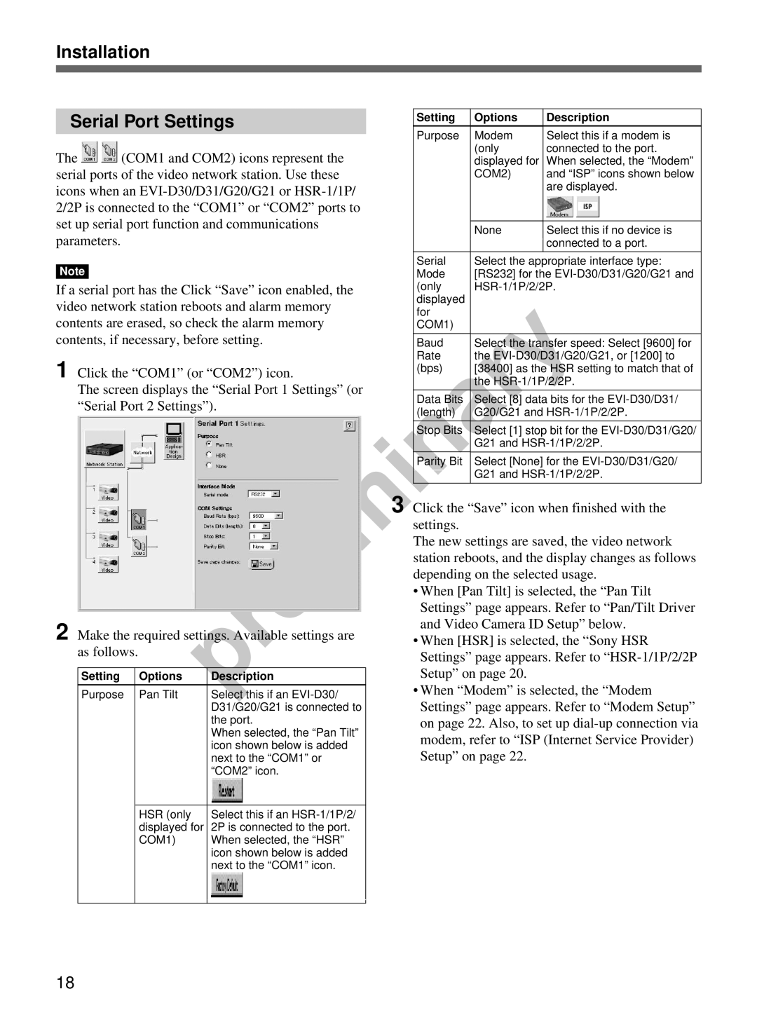 Sony snt-v manual Installation Serial Port Settings, Setting Options Description 