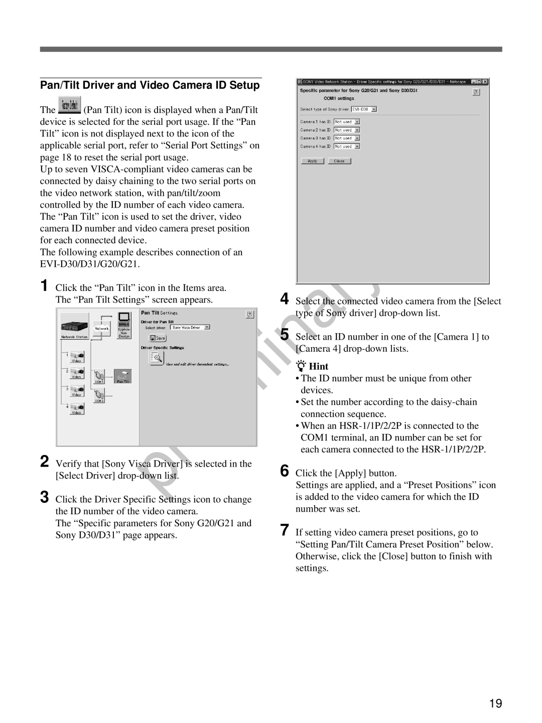 Sony snt-v manual Pan/Tilt Driver and Video Camera ID Setup, Hint 